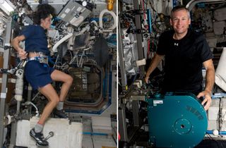 two pictures side by side. on left, a woman exercises on a small exercise bike in a space station module. on right, a man poses with a wheel of an exercise bike