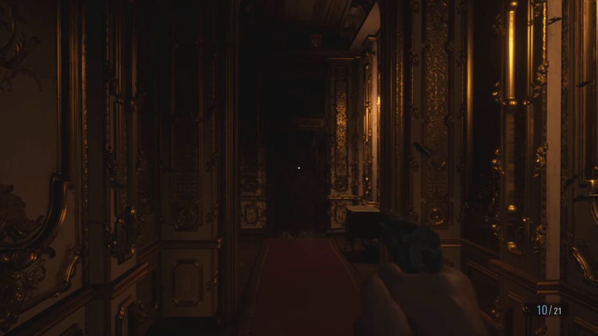 pointing gun down baroque castle hallway