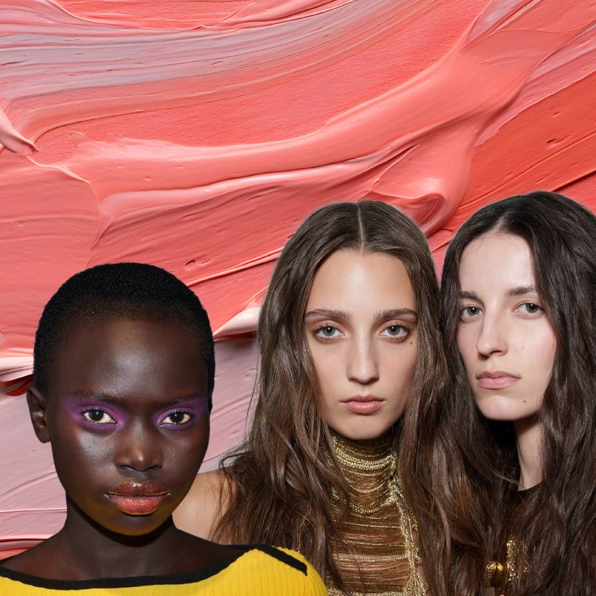 a pink creamy background with three models wearing cream eyeshadow