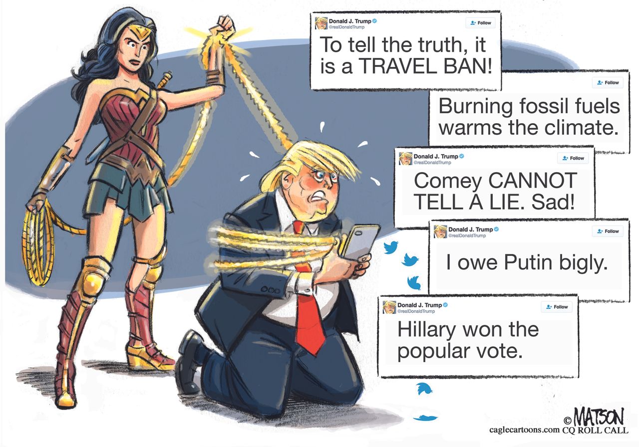 Political cartoon U.S. Trump tweets Wonder Woman