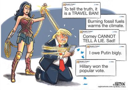 Political cartoon U.S. Trump tweets Wonder Woman
