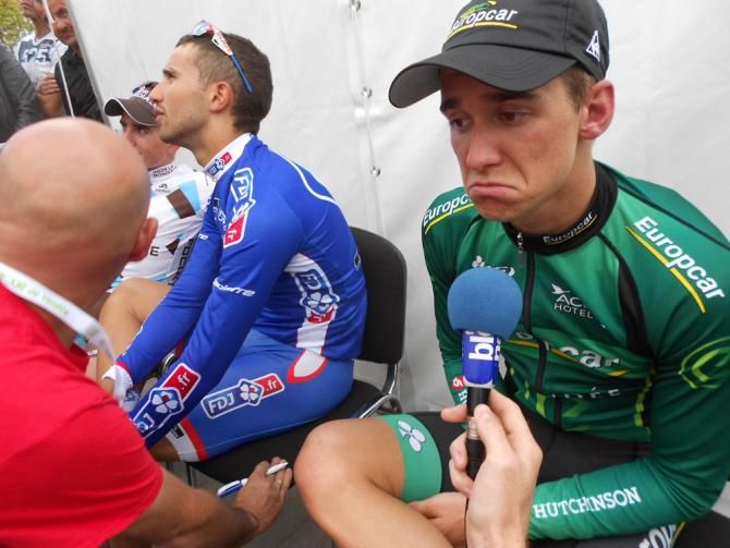 Bryan Coquard (Europcar) talks to the press following the Tour de Vend&eacute;e
