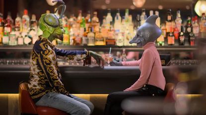 Sexy Beasts on Netflix screenshot, showing two contestants drinking at a bar