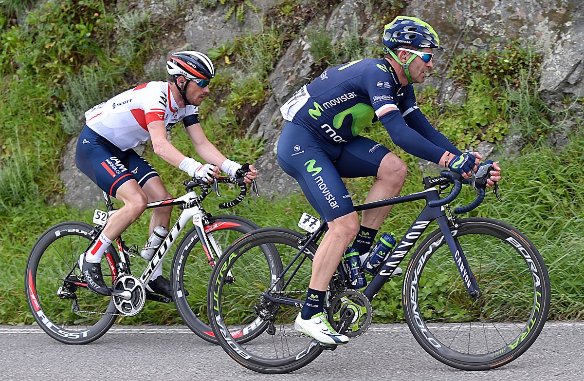 JJ Rojas (Movistar) and Dries Devenyns (IAM Cycling)