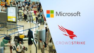 A busy airport and the CrowdStrike and Microsoft logos