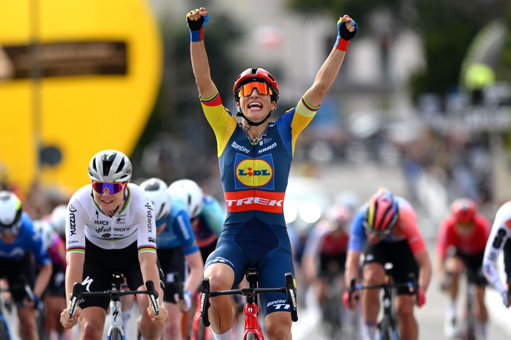 Elisa Balsamo of Lidl-Trek celebrates as winner ahead of Lotte Kopecky of SD WorxProtime at 2024 Trofeo Alfredo Binda