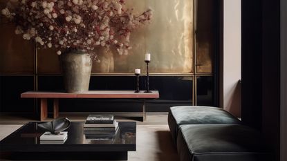 Dark living room design with velvet cushions, a black square coffee table, and gold metallic paneling on the back wall. There is a large vase with a large arrangement of dusty pink flowers