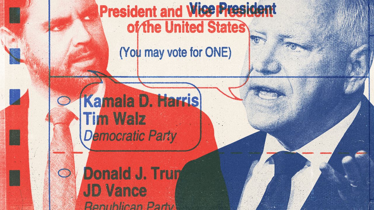 Illustration of JD Vance, Tom Walz and an absentee ballot