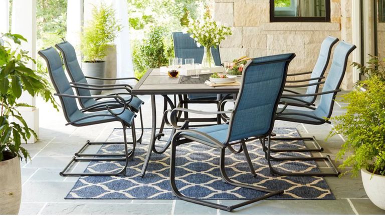 Patio Dining Sets 2022 11 Ensembles, Hampton Bay Mix And Match Stackable Sling Outdoor Dining Chair In Cafe