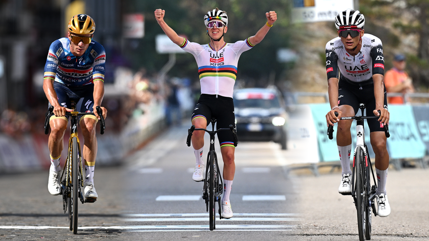 Composite image of Remco Evenepoel, Tadej Pogačar and Isaac del Toro