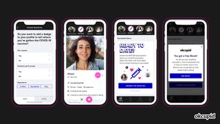 Four phone screens showing OkCupid dating interface with special 'vaccinated' badges