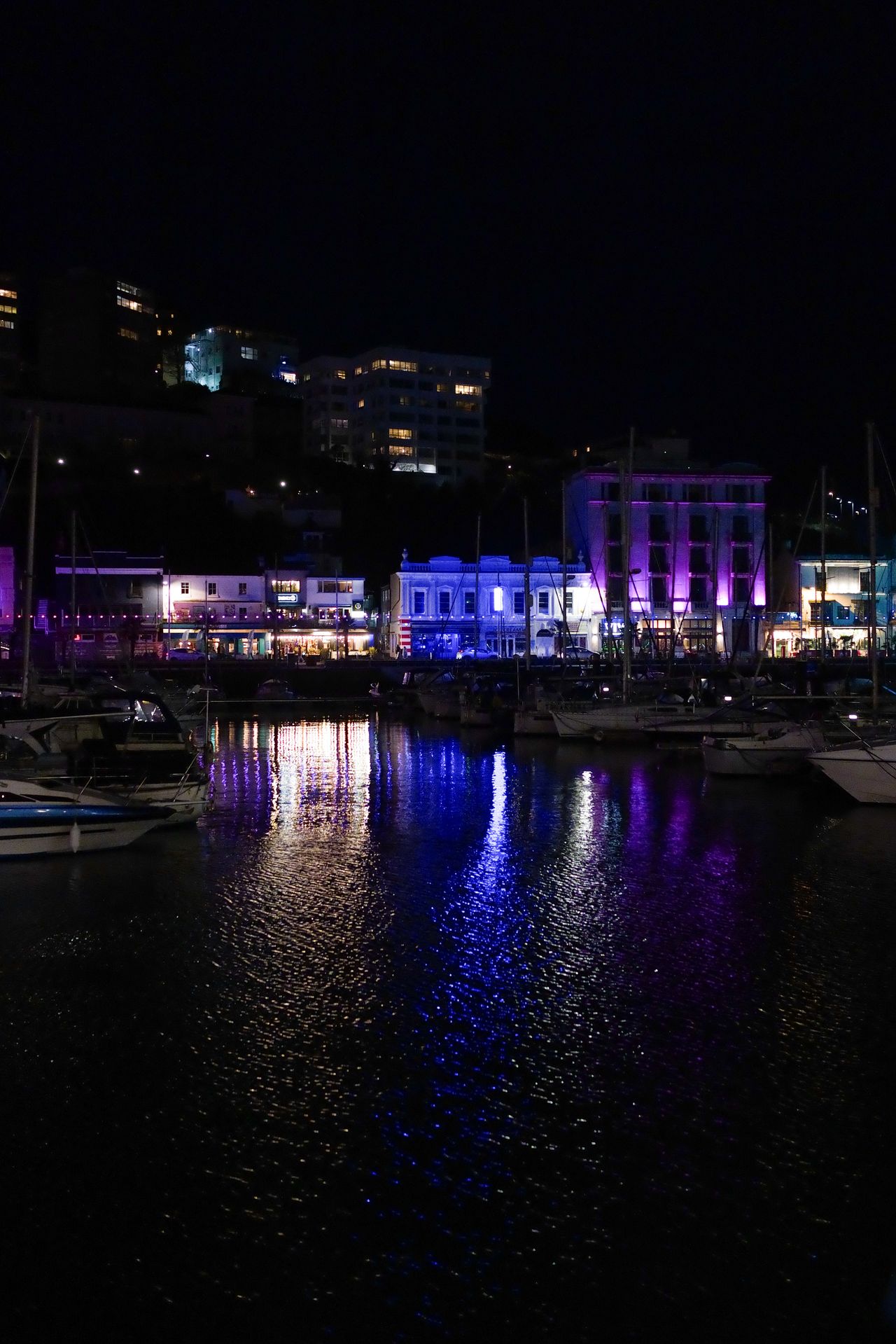 A photo of a marina at night, taken on a Sigma BF camera