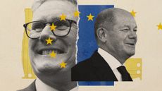 Photo collage of Keir Starmer, Olaf Scholz, and the EU flag. Both men are smiling.