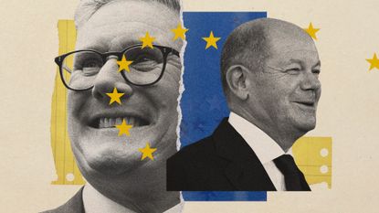 Photo collage of Keir Starmer, Olaf Scholz, and the EU flag. Both men are smiling.