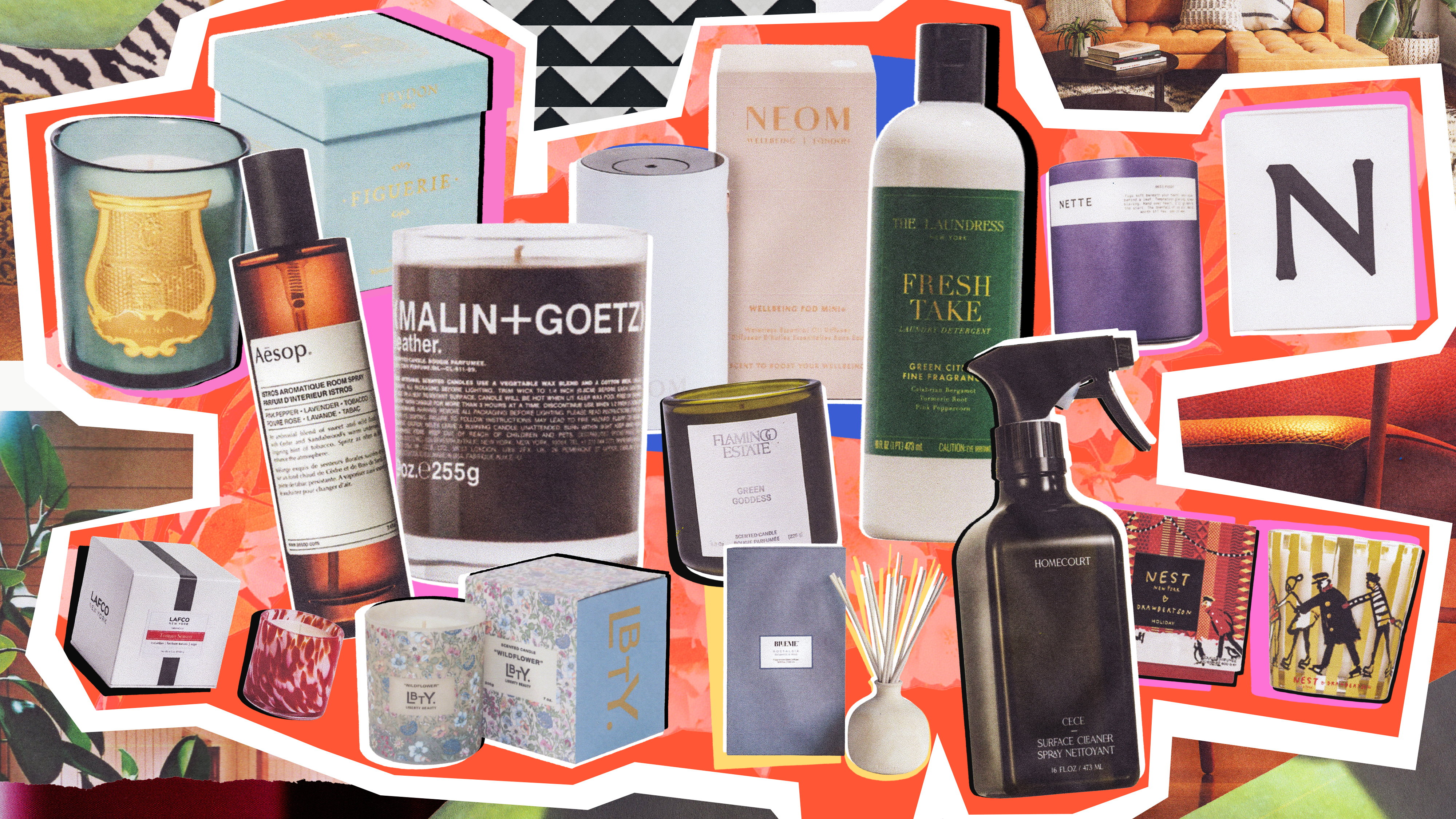 a collage of luxury candles, cleaning products, and detergents on a pink, green and tan background with plants and wood