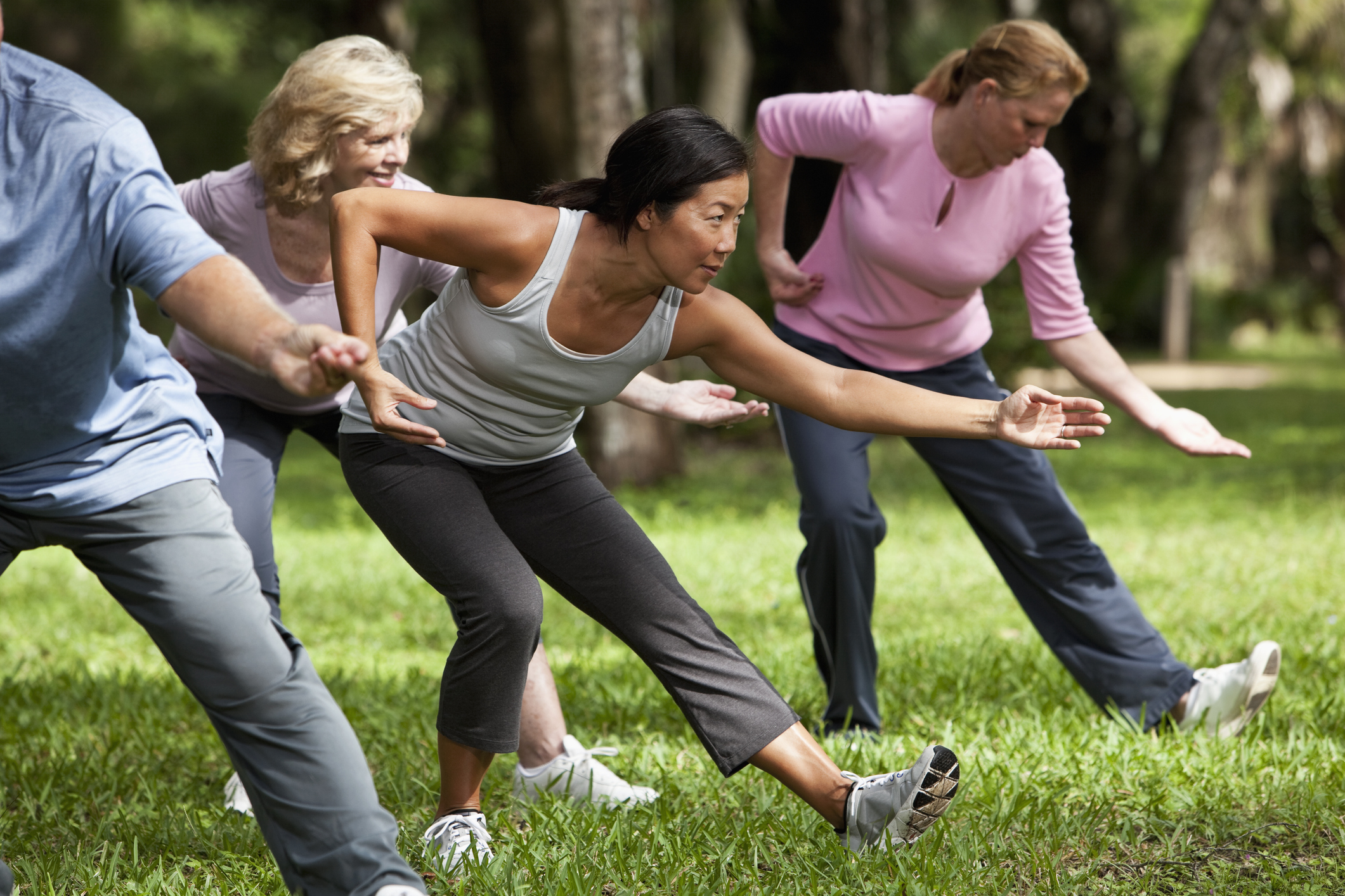 Older adults take a tai chi class in the park.