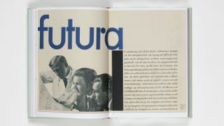 Spread from the book Futura: The Typeface featuring black and white photo of three men staring at a printout