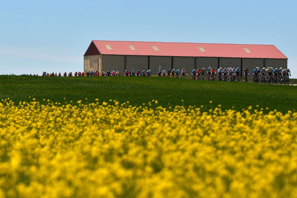 SARGENTES DE LA LORA SPAIN MAY 20 The peloton during the 6th Vuelta a Burgos Feminas 2021 Stage 1 a 100km stage from Villadiego to Sargentes de la Lora 1013m Landscape VueltaBurgos BurgosFem UCIWWT on May 20 2021 in Sargentes de la Lora Spain Photo by Luc ClaessenGetty Images