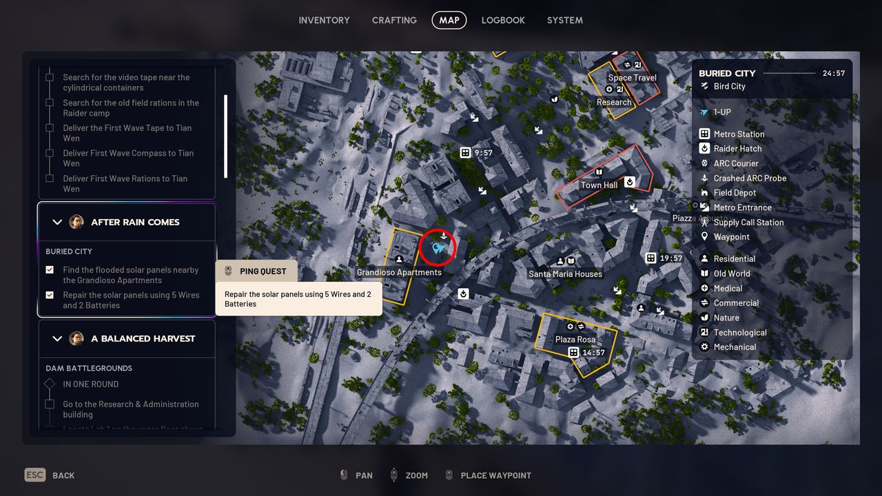 Arc Raiders After Rain Comes: A map with a red circle highlighting the location a location outside Grandioso Apartments in Buried City.