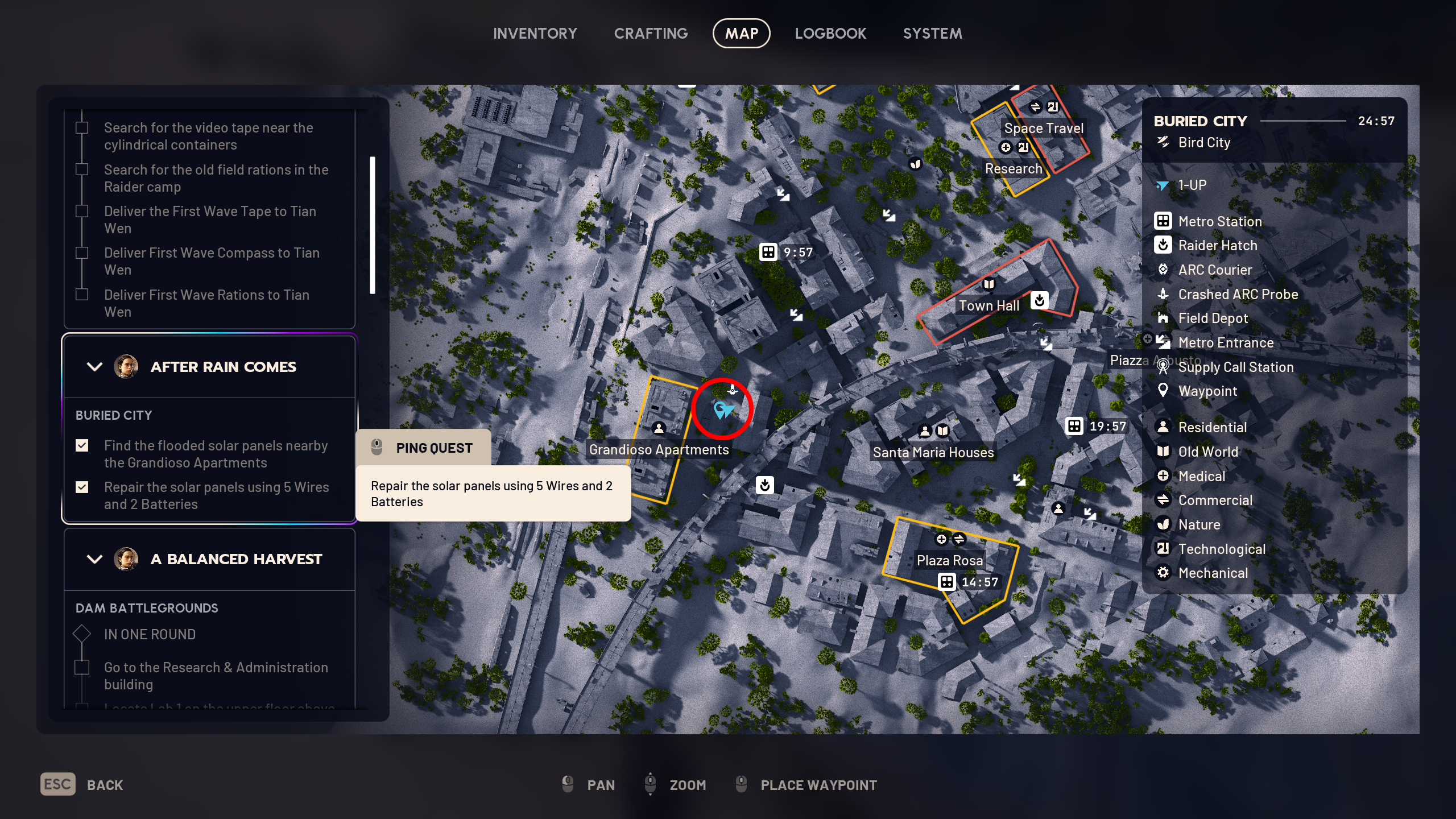 Arc Raiders After Rain Comes: A map with a red circle highlighting the location a location outside Grandioso Apartments in Buried City.