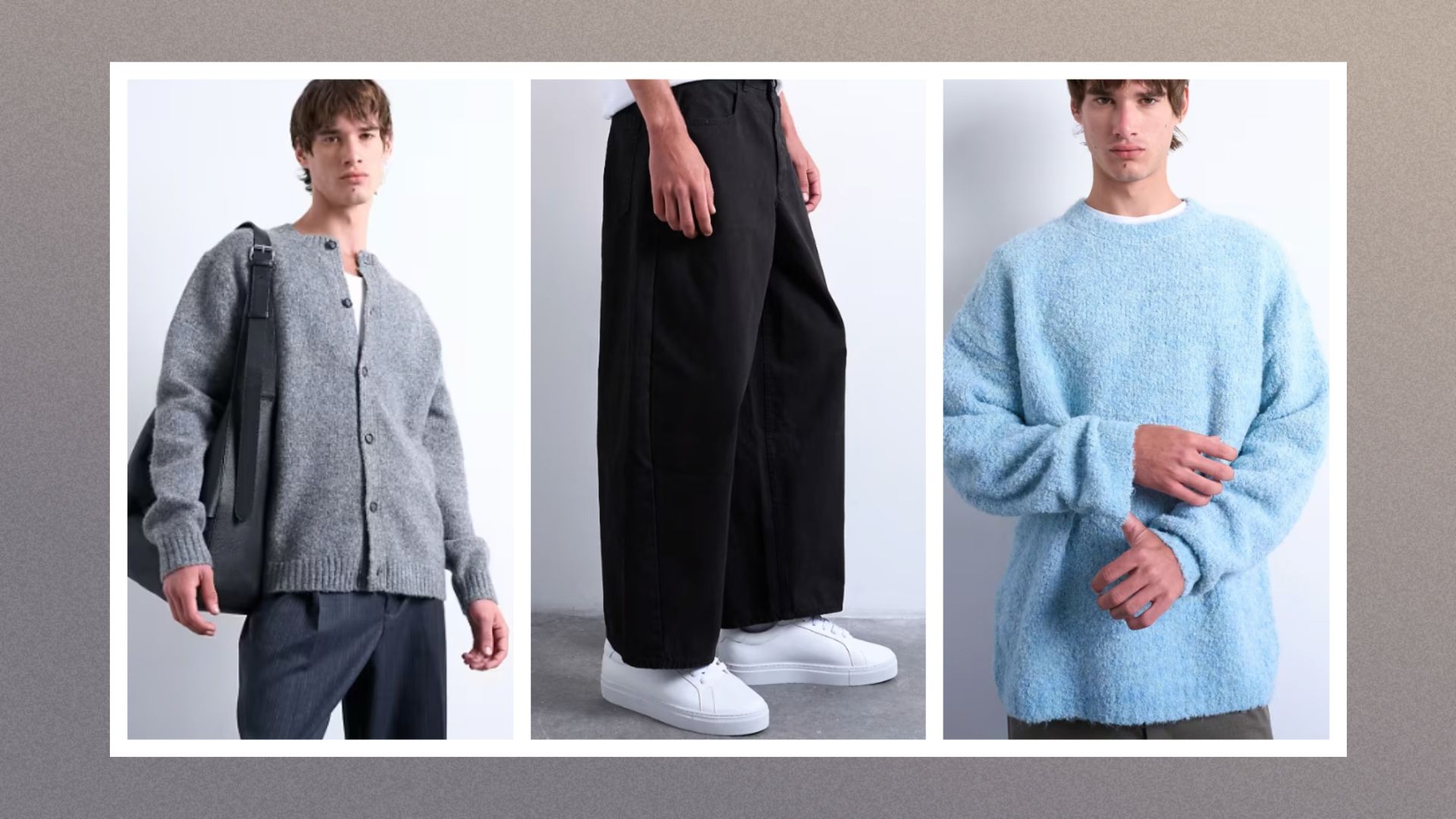 Three items from Topman, including a cardigan in grey, black trousers and a blue jumper