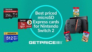 Aqua/green background with white writing in the middle that says Best priced microSD express cards for Nintendo Switch 2