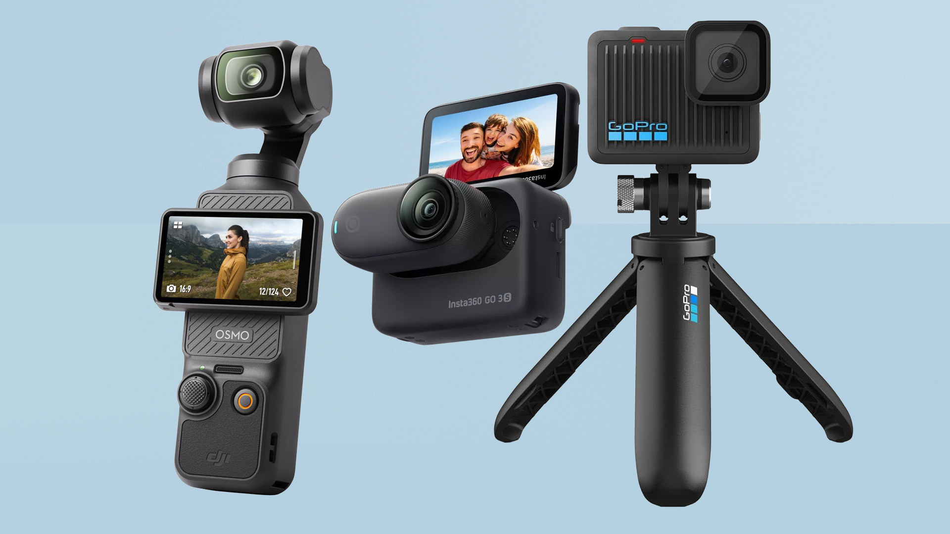 DJI, Insta360 and GoPro action camera on blue background