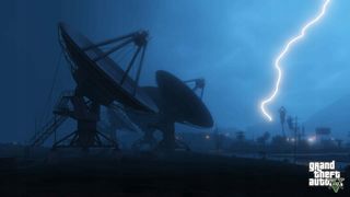 Satellite dishes with lightning in the background in Grand Theft Auto V