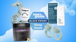 Loop Quiet 2 Ear Plugs, The Night Before 10-in-1 Midnight Maximizer Sleep Aid, THISWORKS Deep Sleep Pillow Spray and Nodpod Gentle Pressure Sleep Mask against a cloudy background with a Tom's Guide Black Friday Sleep Deals badge