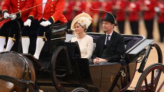 Britain's Sophie, Duchess of Edinburgh and Vice Admiral Timothy Laurence arrive in a horse-drawn carriage on Horse Guards Parade for the King's Birthday Parade, 'Trooping the Colour', in London on June 17, 2023. The ceremony of Trooping the Colour is believed to have first been performed during the reign of King Charles II. Since 1748, the Trooping of the Colour has marked the official birthday of the British Sovereign. Over 1500 parading soldiers and almost 300 horses take part in the event.