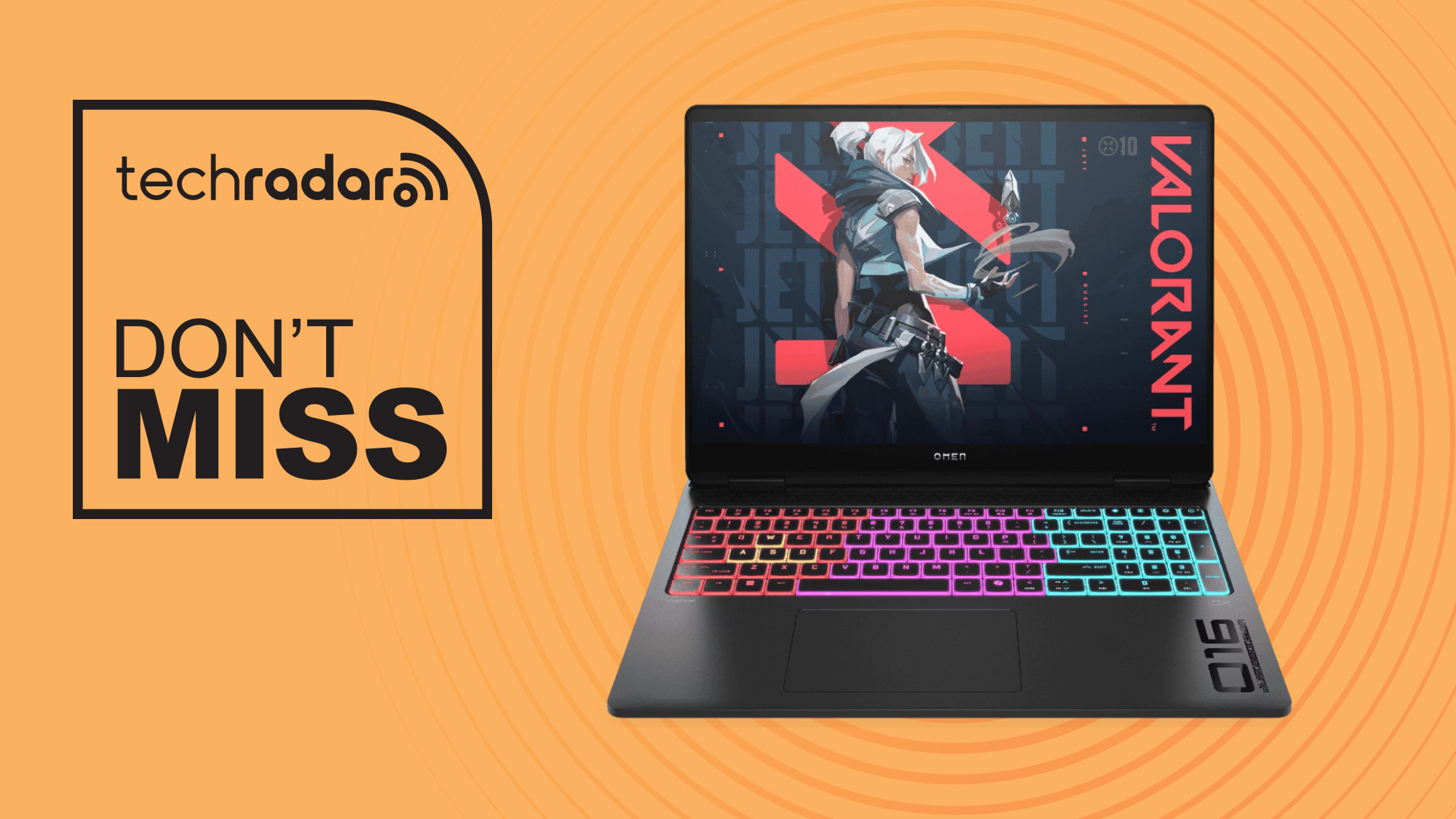 HP Omen Max 16 laptop on orange background with don&#039;t miss text overlay