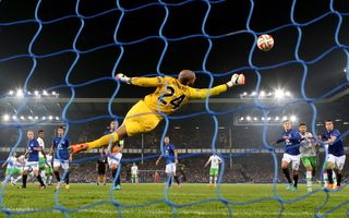 Tim Howard makes a save for Everton against Wolfsburg in 2014.