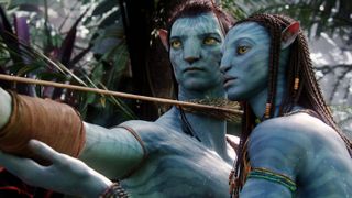 Avatar promo image with Jake and neytiri learning to shoot arrows