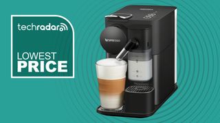 Nespresso Lattissima One coffee maker on teal background with white text reading "TechRadar lowest price"