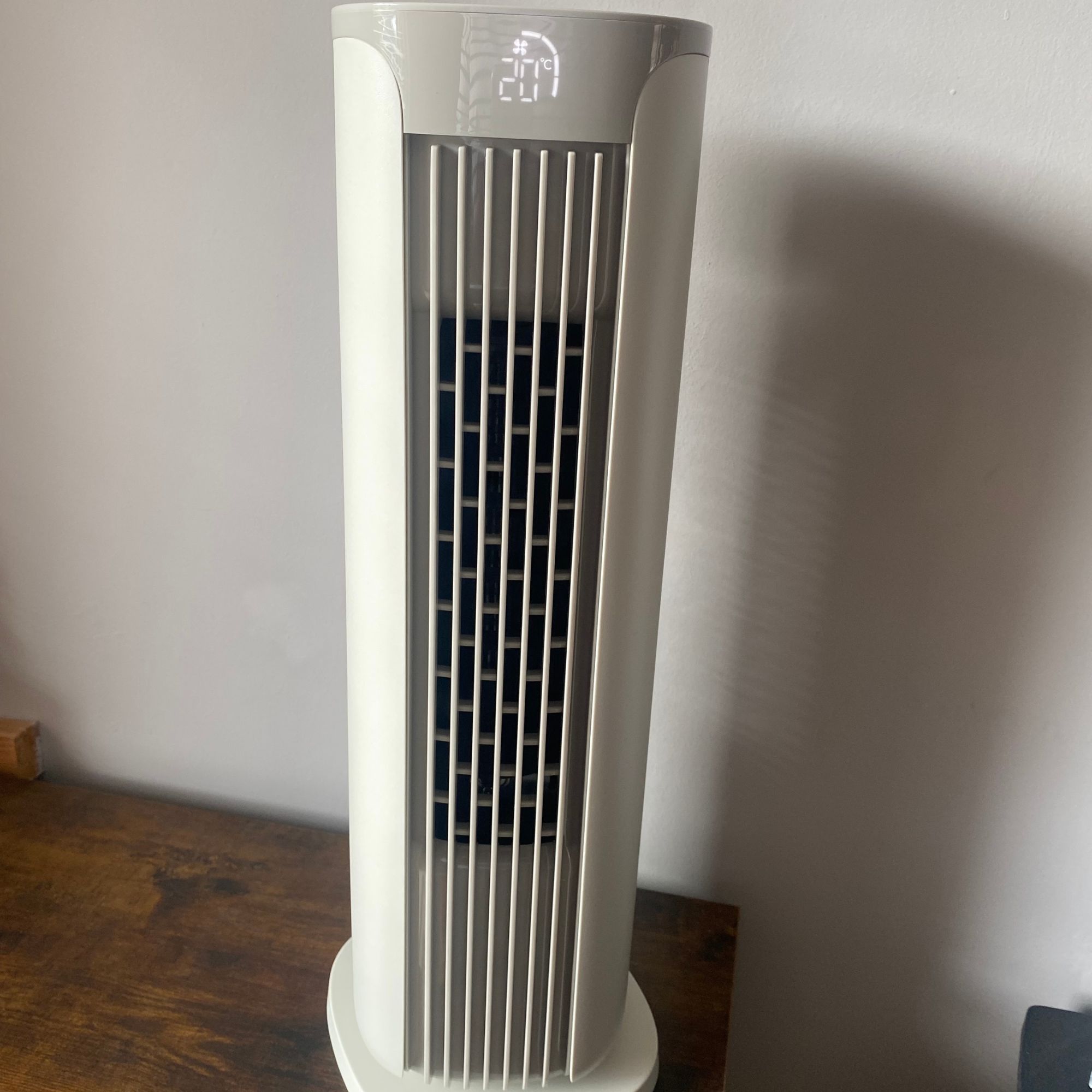 Small Meaco Sefte Tower Fan on my sideboard in my taupe living room