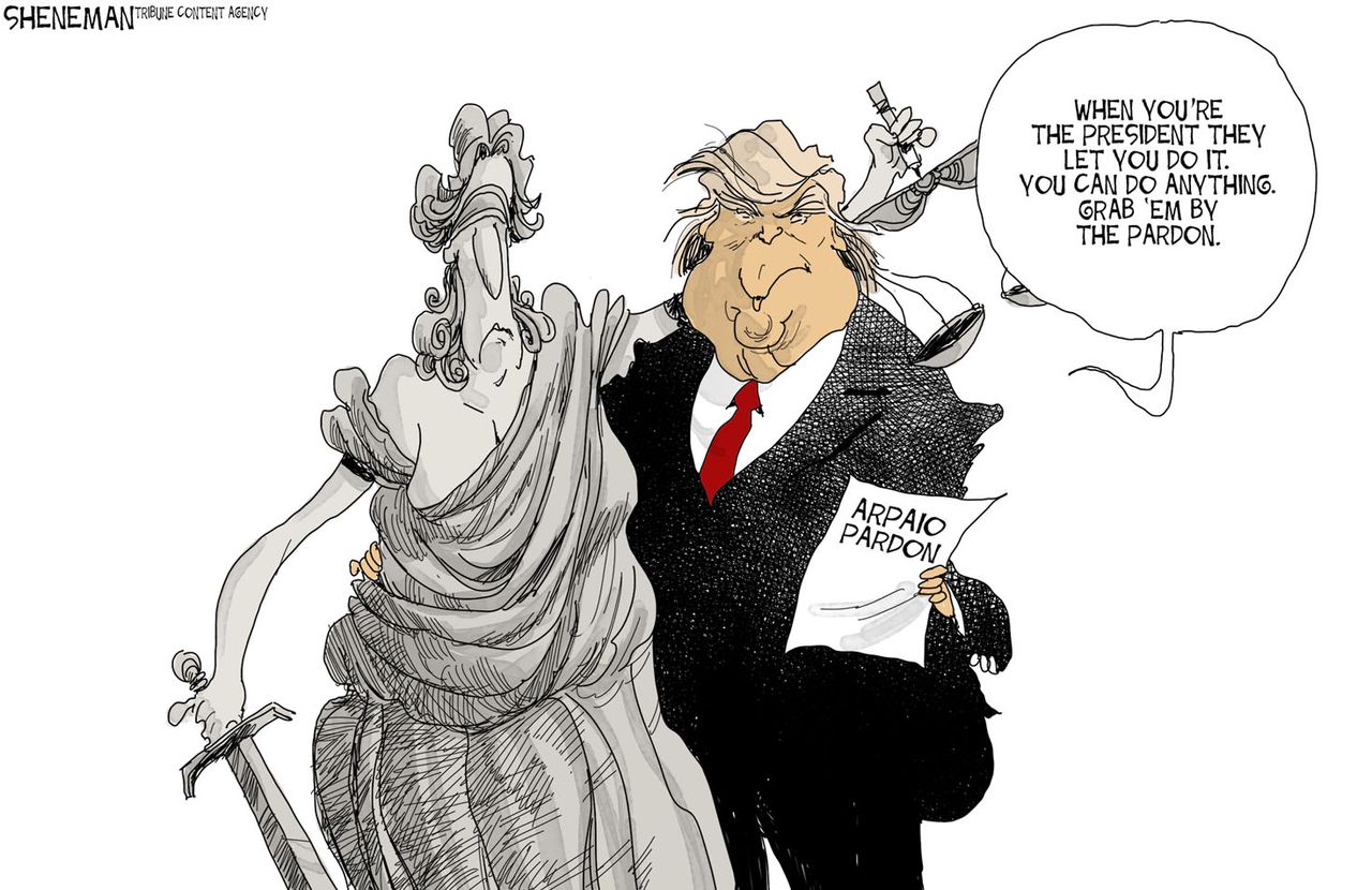 Political cartoon U.S. Trump Lady Justice Arpaio pardon