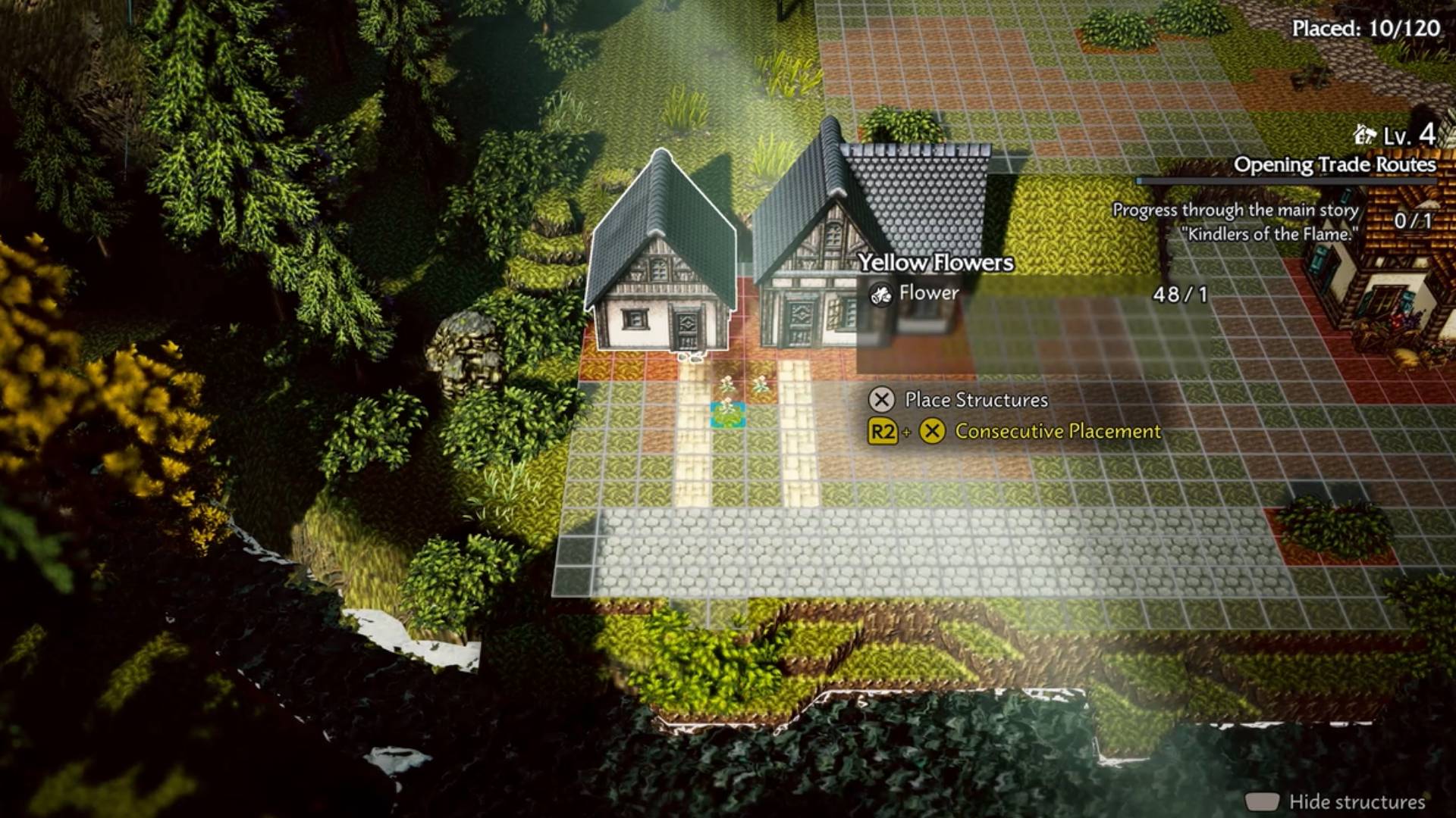 Octopath Traveler 0 screenshot shows the town-building mode, with the player placing down some yellow flowers next to two houses.