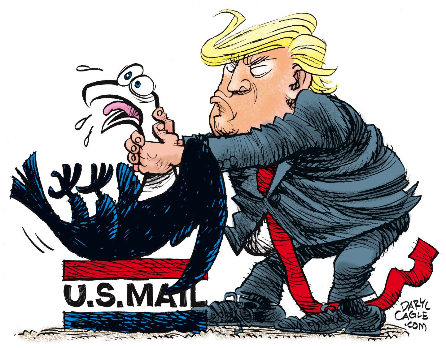 
                                Donald Trump strangles an eagle that is the symbol of the U.S. Postal Service.
                            