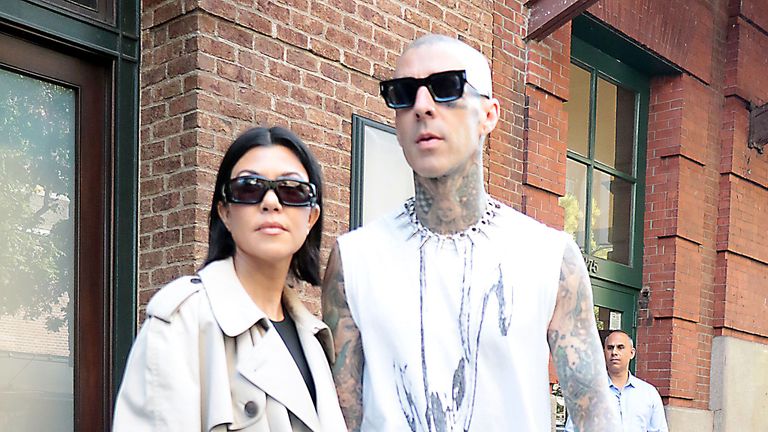 new york, ny october 15 kourtney kardashian and travis barker are seen on october 15, 2021 in new york city photo by mediapunchbauer griffingc images