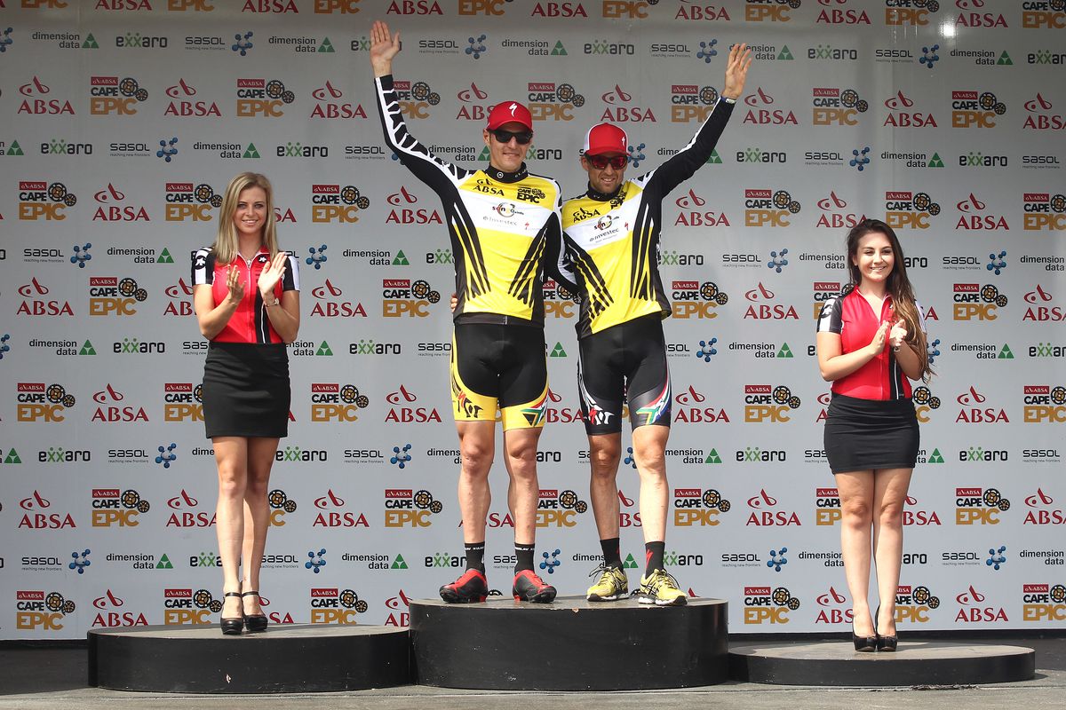Overall Yellow Zebra Jersey Holders Jaroslav Kulhavy of Investec-Songo-Specialized and Christoph Sauser of Investec-Songo-Specialized during stage 4