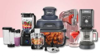 Ninja Kitchen appliances on pink and white background