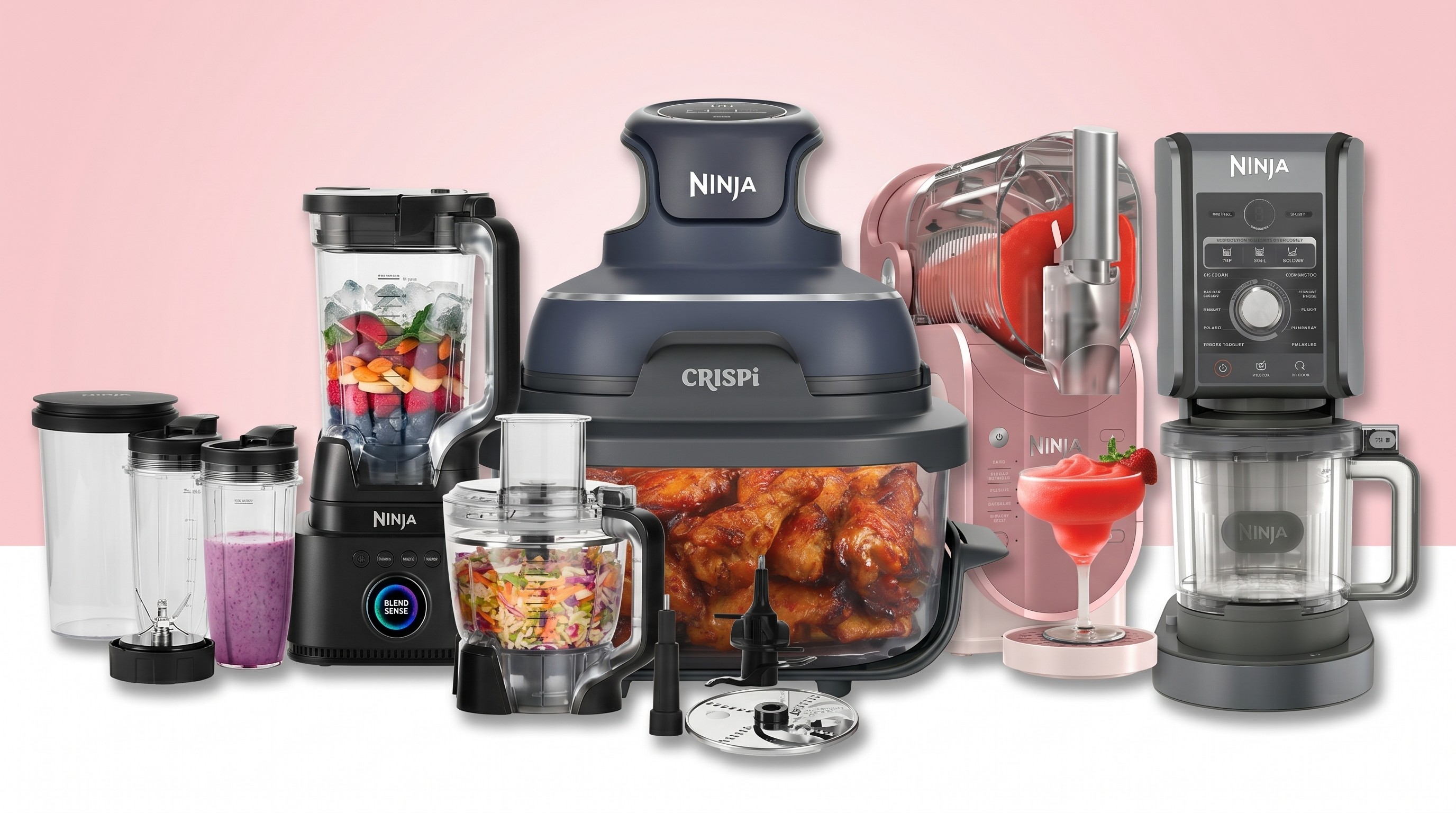 Ninja Kitchen appliances on pink and white background
