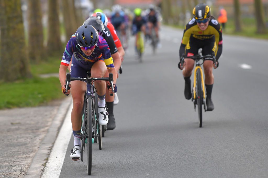 WEVELGEM BELGIUM MARCH 28 Katarzyna Niewiadoma of Poland and Team Canyon SRAM Racing during the 10th GentWevelgem In Flanders Fields 2021 Womens Elite a 1417km race from Ypres to Wevelgem GWE21 GWEWomen FlandersClassic UCIWWT on March 28 2021 in Wevelgem Belgium Photo by Luc ClaessenGetty Images