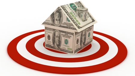 A home constructed of hundred-dollar bills sits in the center of a target.