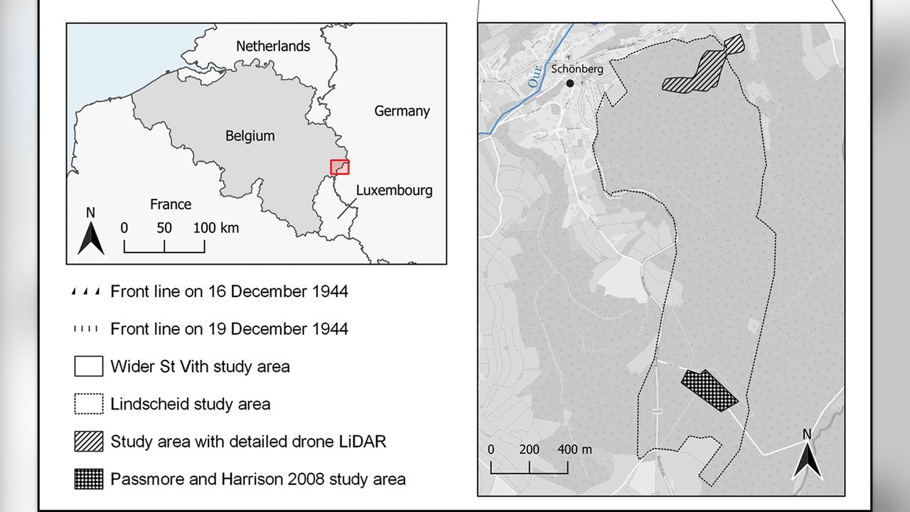 Study areas and position of front lines from the Battle of the Bulge site.