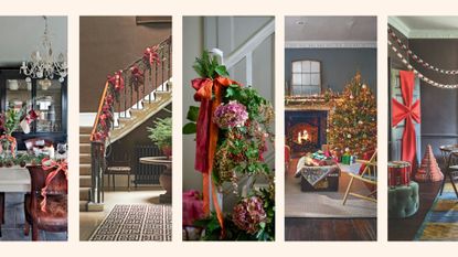 Compilation image of different rooms with bow Christmas decoration trend on display