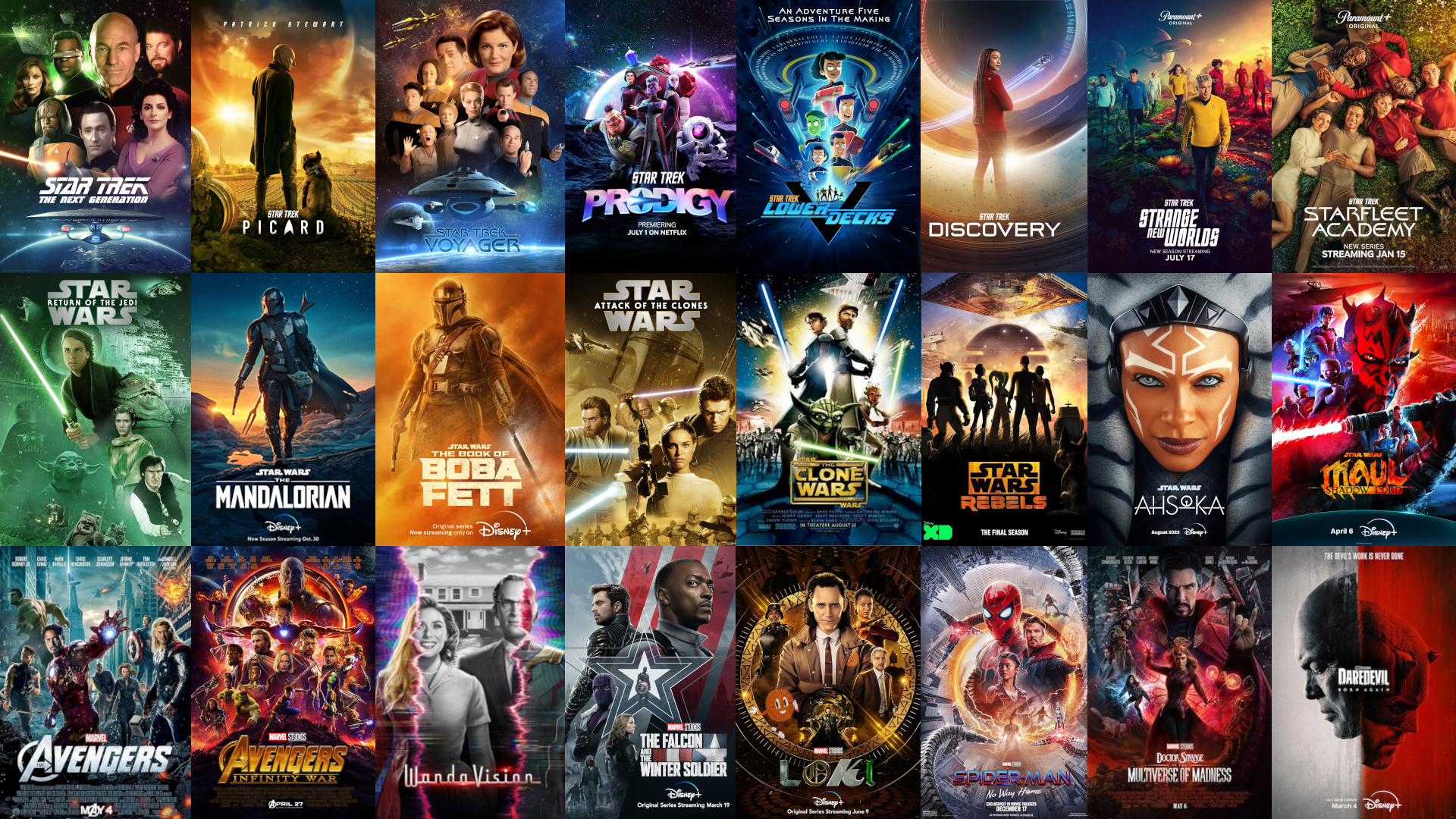 A huge array of movie and tv show posters from across Star Trek, Star Wars, and the Marvel Cinematic Universe.