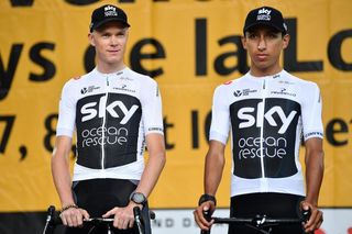 Team Sky's Chris Froome and Egan Bernal on stage at the 2018 Tour de France team presentation
