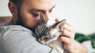 Portrait of happy cat with its eyes closed snuggled a young man with a beard.