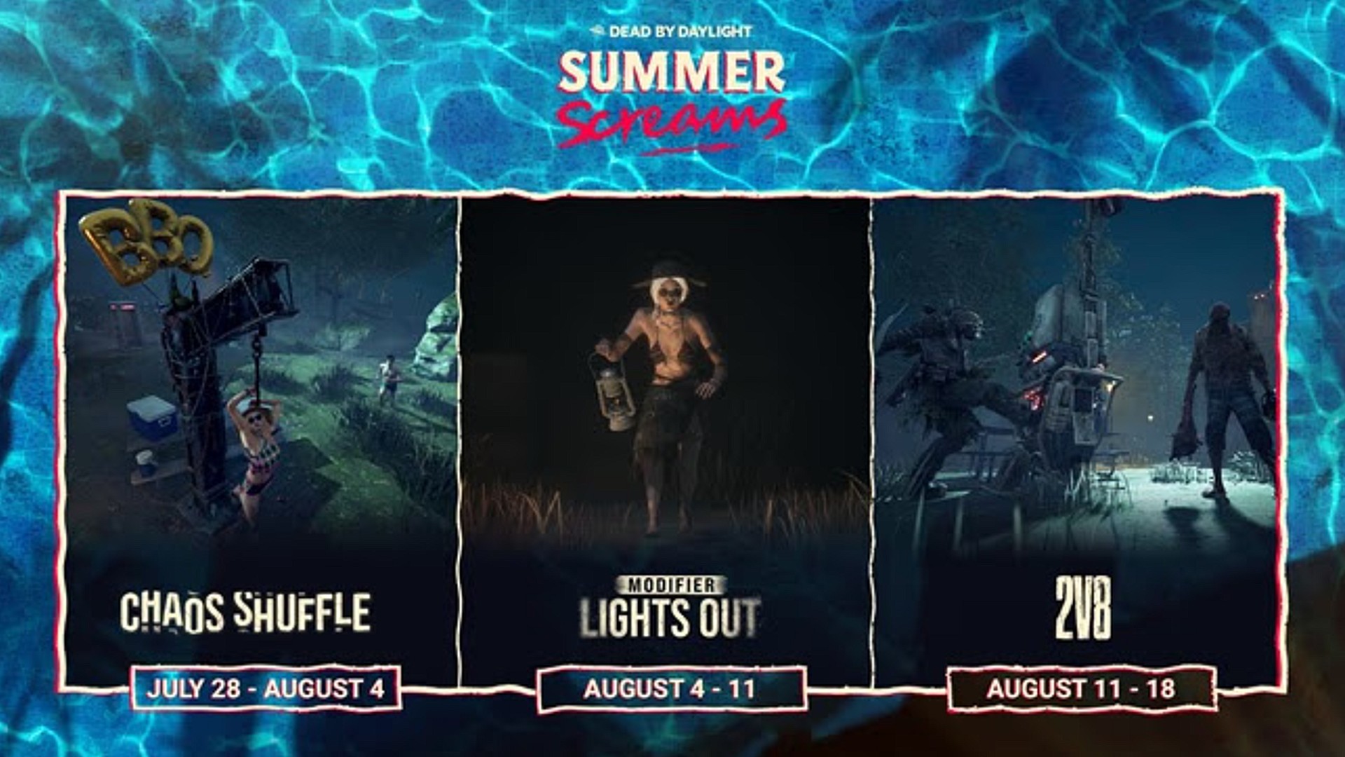 Image shows three events, including DBD 2v8, and the dates they take place during Summer Screams.